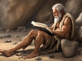 Stone Age man reading a book