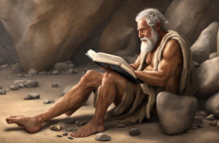 Stone Age man reading a book